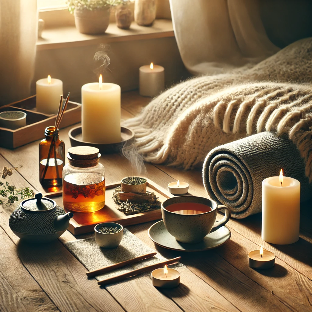 Pure capsules Blog 2 DALL·E 2025 01 14 17.31.42 A peaceful scene depicting a cozy wellness space. The setting includes a yoga mat a steaming cup of herbal tea aromatherapy candles and a soft blan
