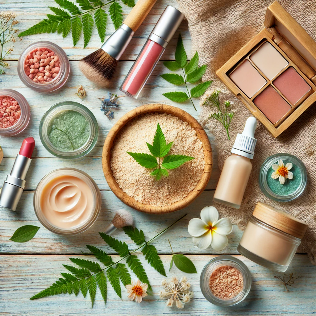 Pure capsules Blog 1 DALL·E 2025 01 14 17.32.42 A visually appealing arrangement of natural cosmetics including lip balms mineral powders and compact cases displayed on a light eco friendly woo