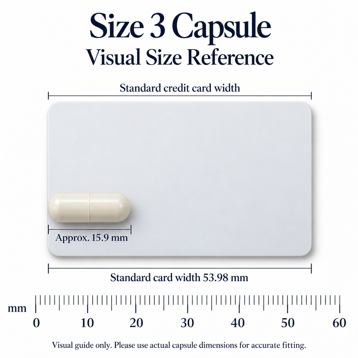 Size 3 empty capsule visual size reference compared with a standard 53.98 mm credit card width and millimetre ruler